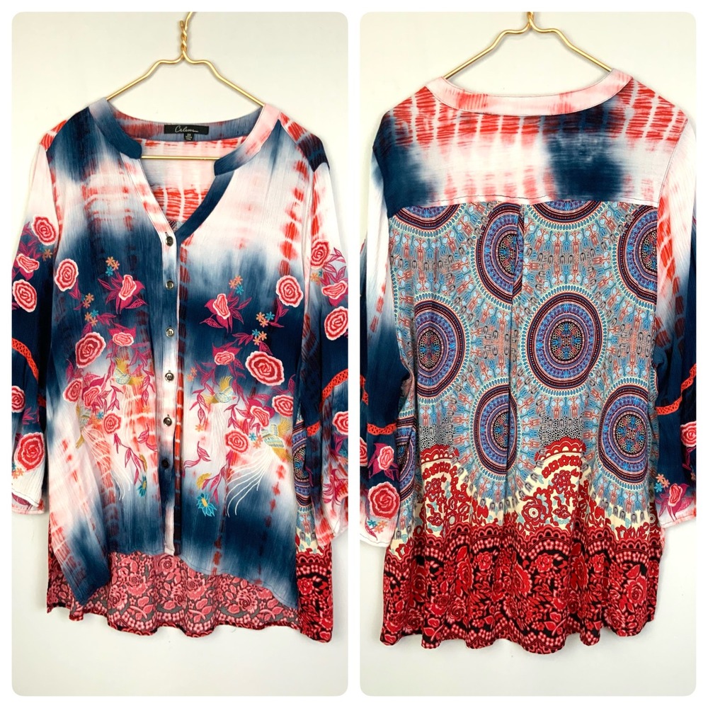 Calessa Sz 2X Floral Embroidered Tie Dye Flare Sleeve Mixed Print Gauzey Tunic